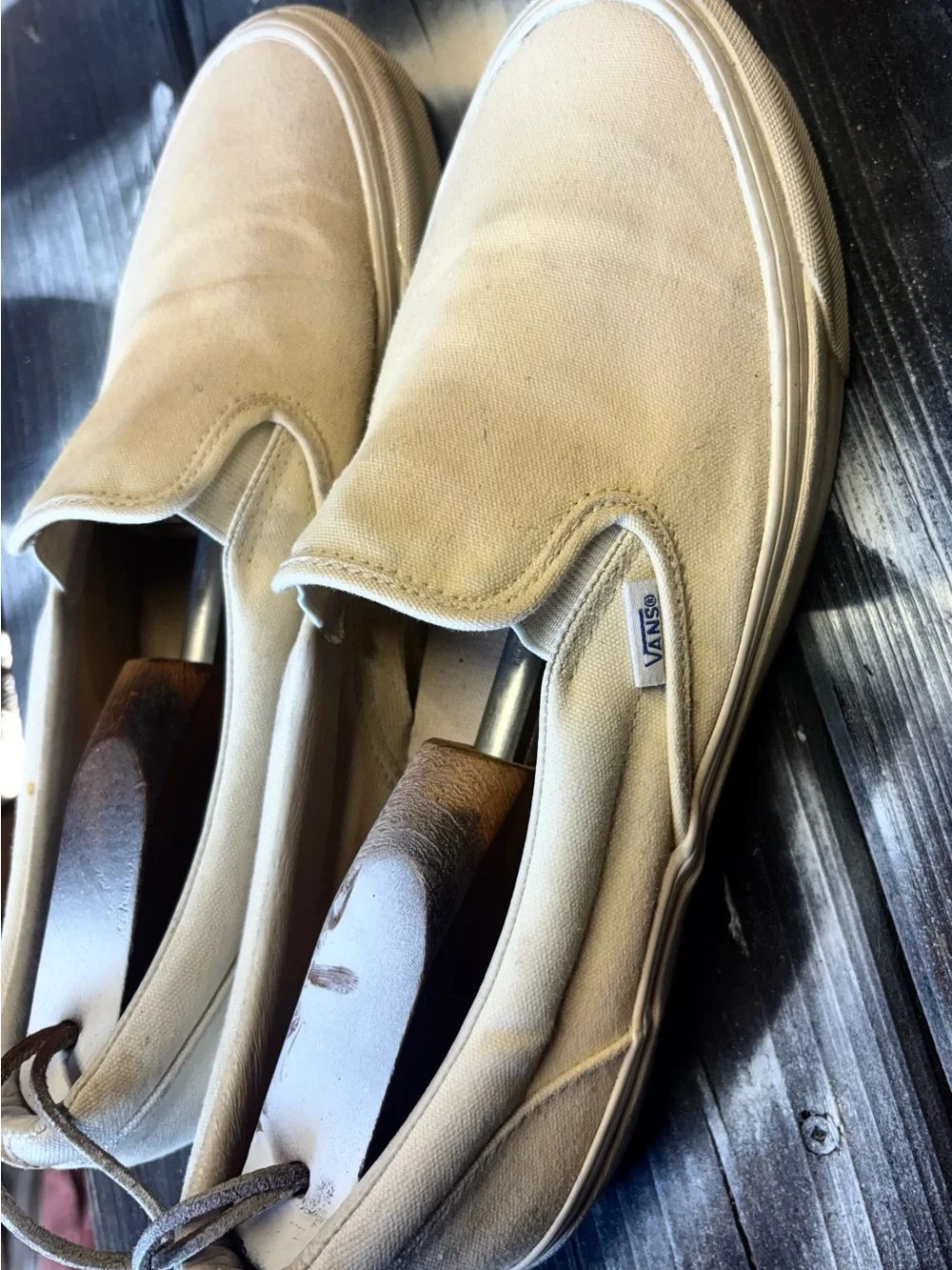 Vans Slip OnsCream & tan canvas slip-on sneakers minimalist size 11.5 good stats